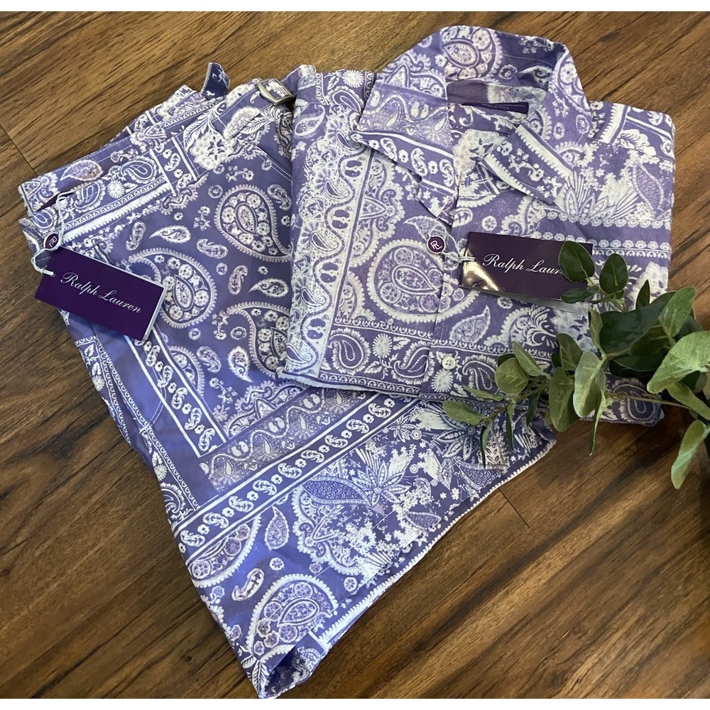 NWT Ralph Lauren Purple Label Men Medium Purple Paisley Linen Shorts Set Shirt